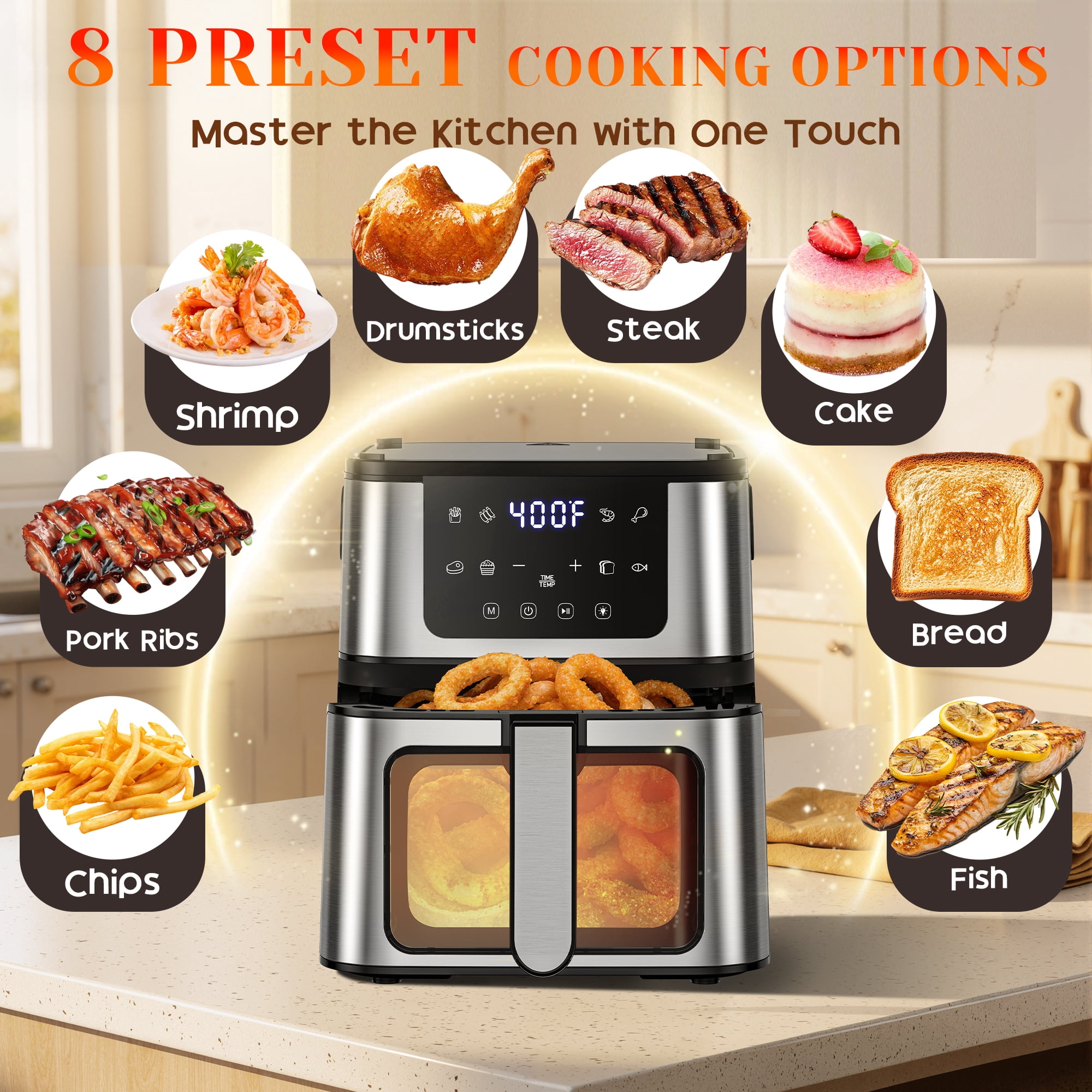 7.5QT Family-Size Air Fryer Oven – 8-in-1 Digital LED Touchscreen, 360° Rapid Air Circulatio, Detachable Grill Plate, Large Viewing Window, Nonstick Basket + 100 Liners, Up to 7 Servings