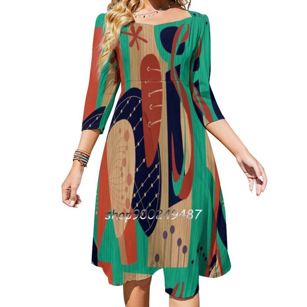 Atomic Joy Two Sweet Elegant Dress Women Korean Kawaii Square Neck Dress Wood Veteado Aqua Orange Índigo Siena Quemado Geométrico
