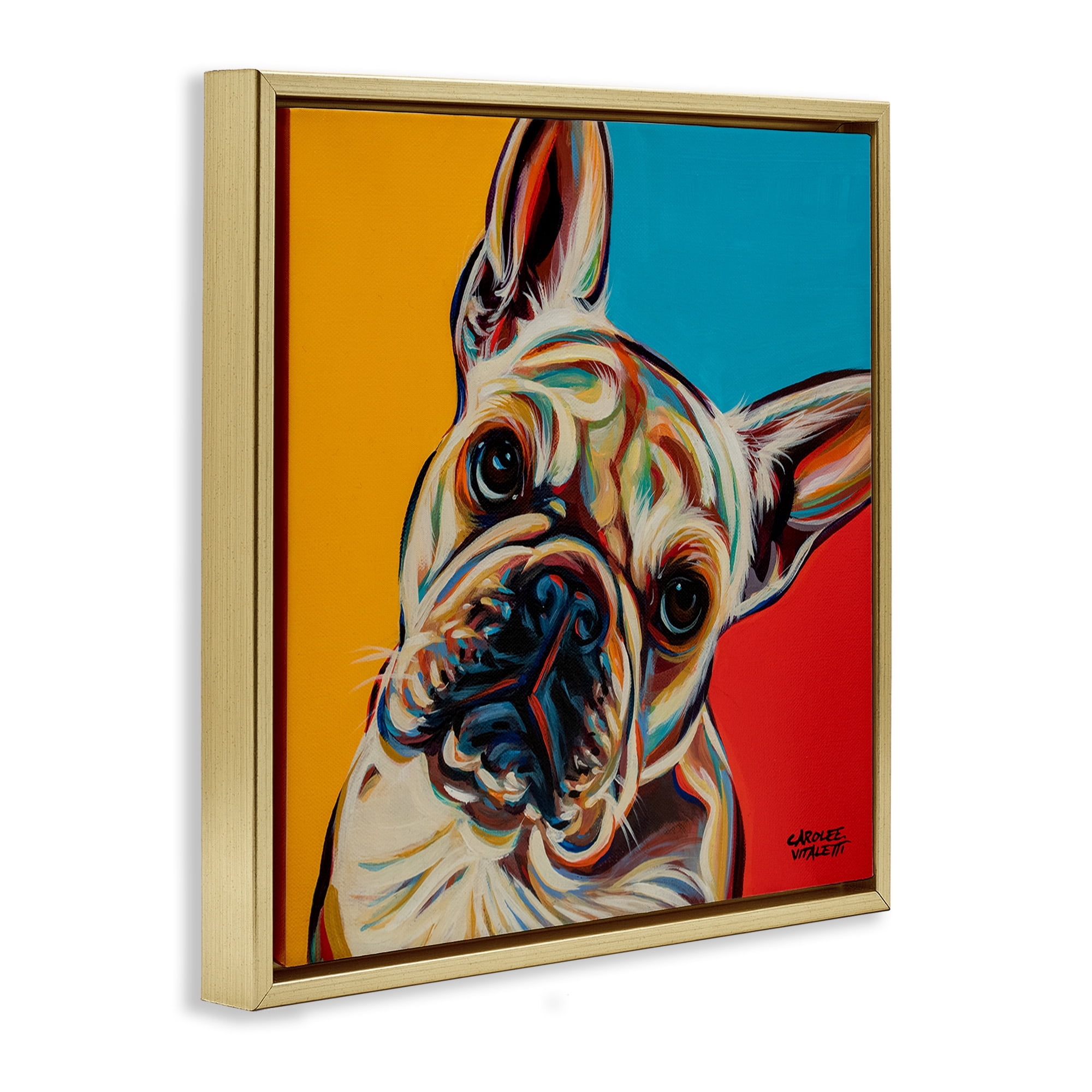 Stupell Industries French Bulldog Pop Portrait Animals & Insects Painting Gold Floater Framed Canvas Art Print Wall Art, 18 x 18