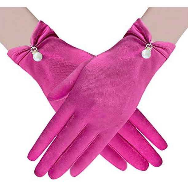 Zhuge Guantes de satén, guantes cortos para mujer, guantes de princesa, para mujeres, niñas, novias, bodas, ópera, banquetes, fiestas de disfraces, rosa oscuro