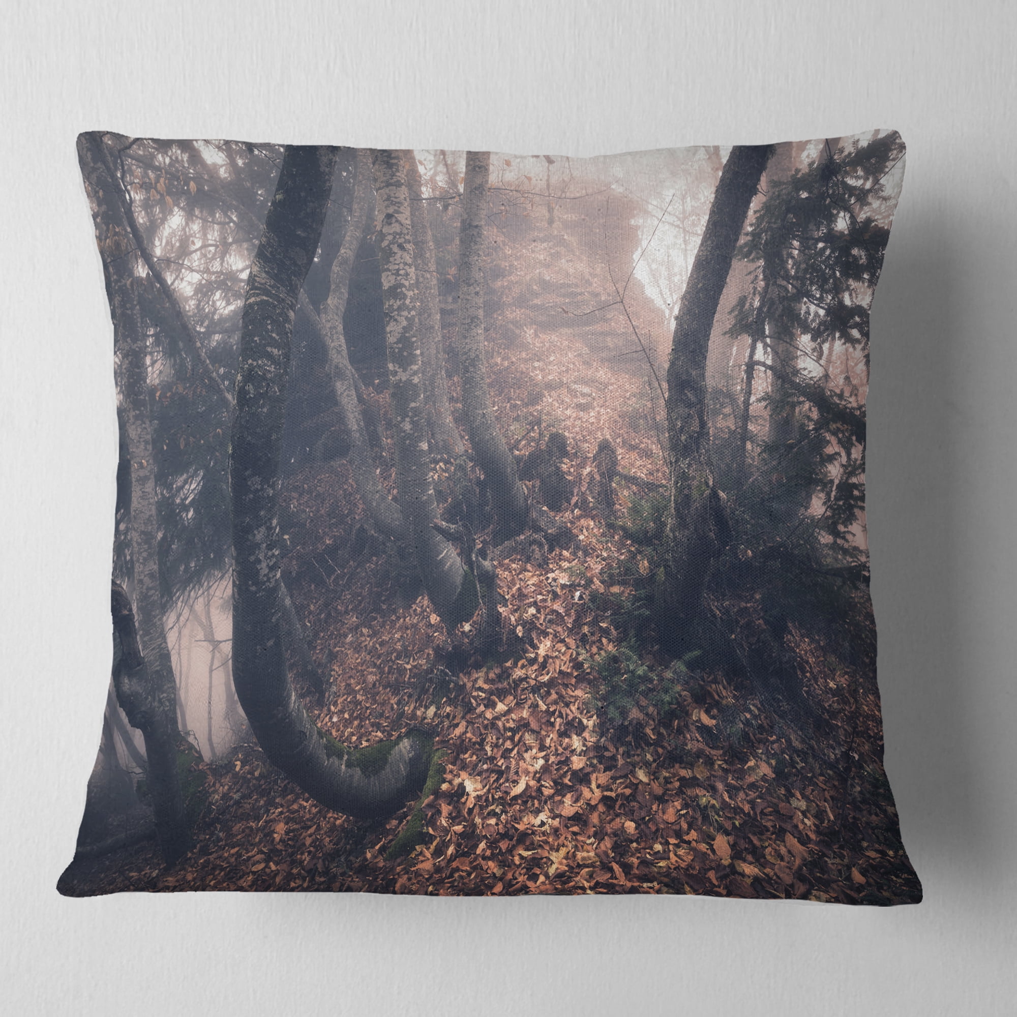 Designart Autumn Foggy Forest Trees - Landscape Photography Throw Pillow - 18x18