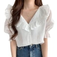 thumbnail image 1 of Blusa de verano con volantes y cuello en V, manga corta abullonada, elegante y transpirable, informal, para fiestas, oficina y viajes., 1 of 8