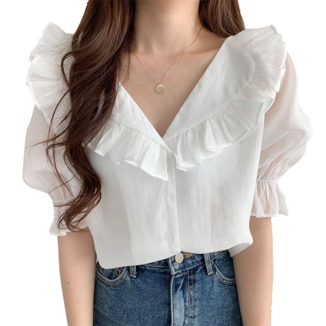 Blusa de verano con volantes y cuello en V, manga corta abullonada, elegante y transpirable, informal, para fiestas, oficina y viajes.