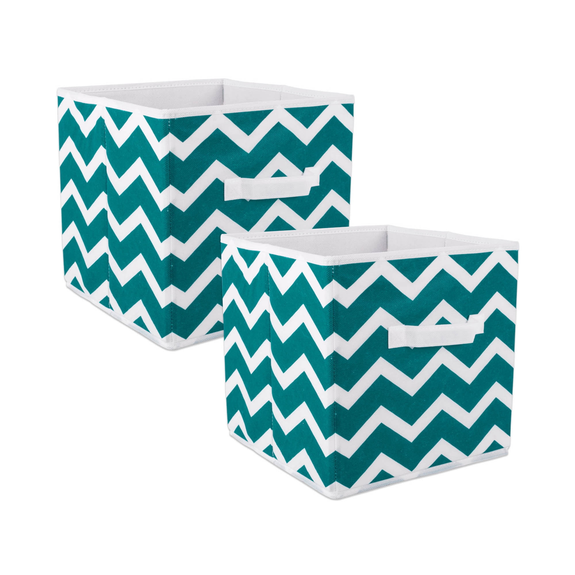 Set of 2 Teal Nonwoven Polyester Cube Storage Bin with Chevron Design