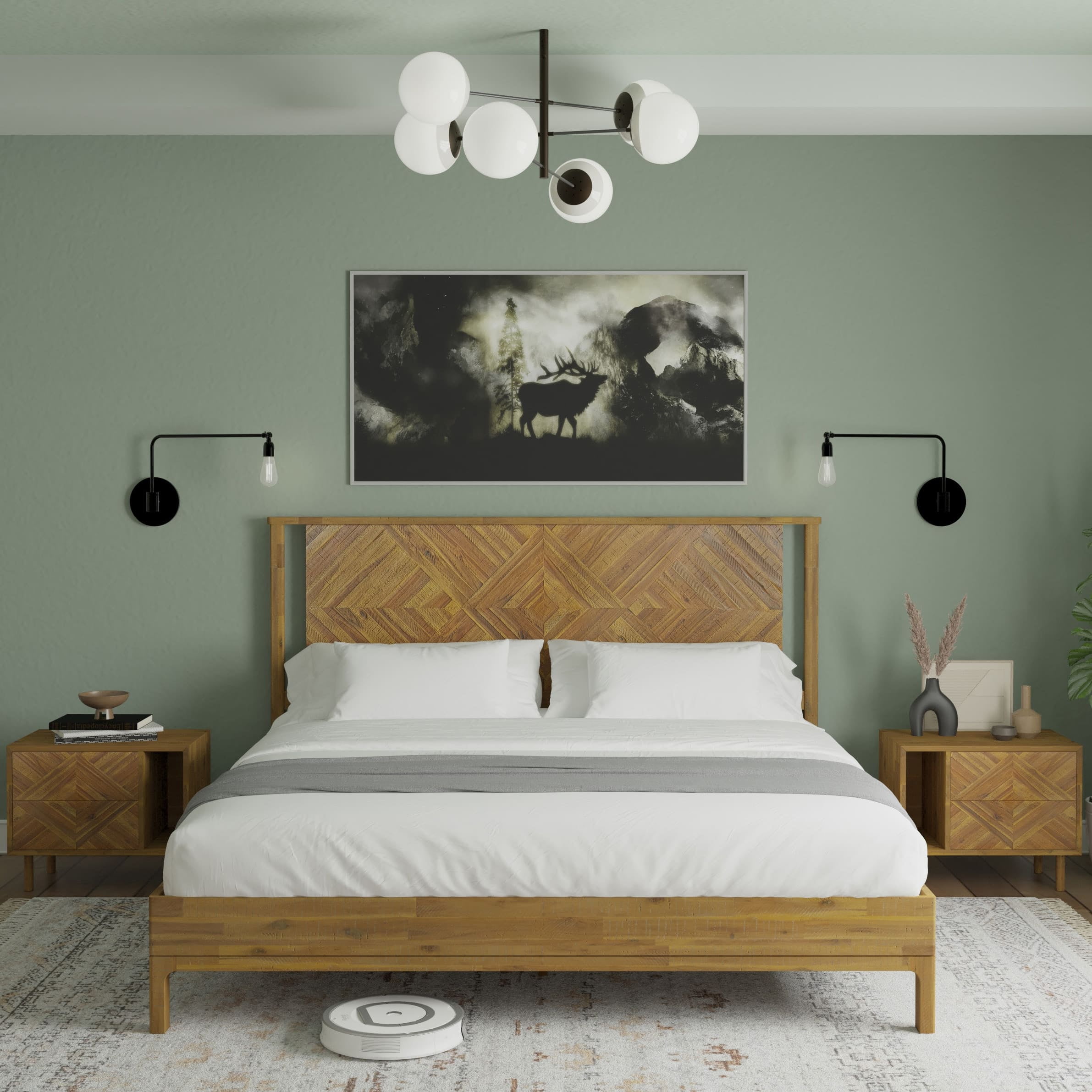 BME Christian 49" King Bed Frames with Headboard, Rustic, Solid Wood, Dark Brown