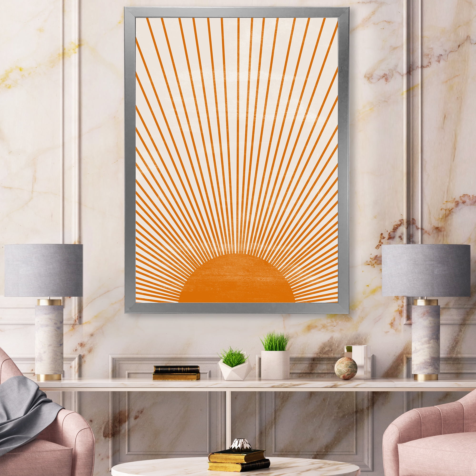 Designart 'Orange Sun Print On Beige III' Modern Framed Art Print