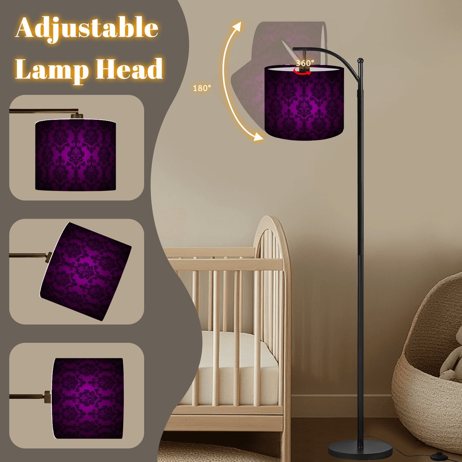 Arc Floor Lamp Royal vintage Gothic dark purple black Royal Tall Modern Standing Lamp LED Adjustable Linen Lampshade 3 Color Temperatures