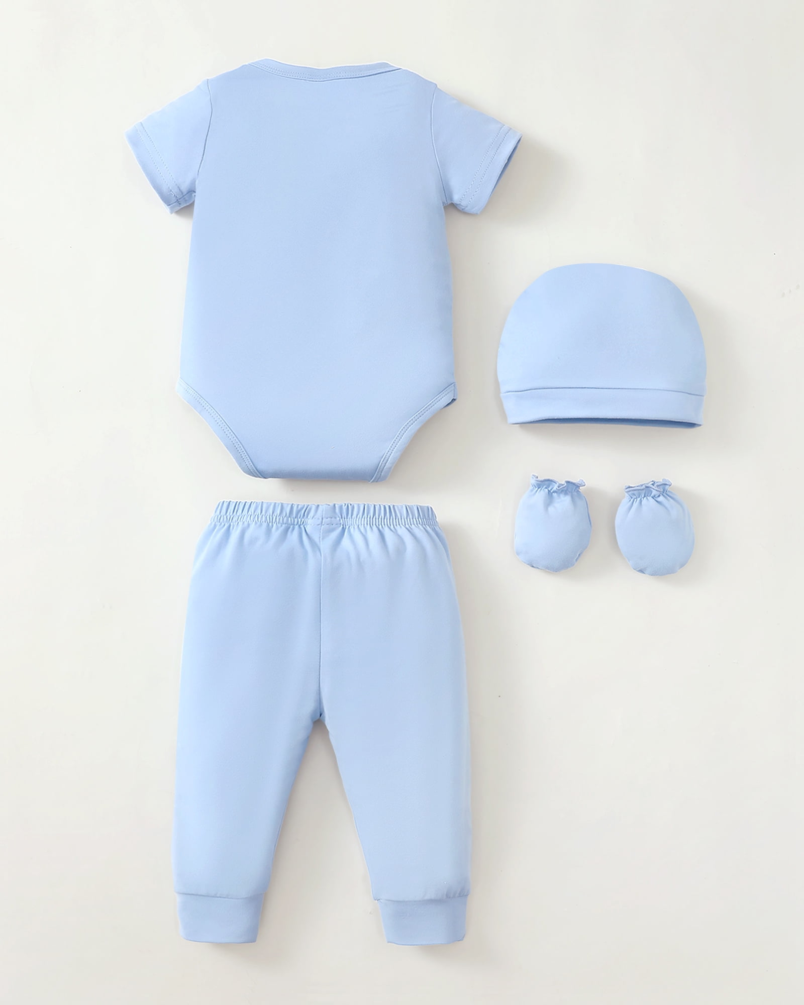 KIMI BEAR Newborn Baby Boys Outfits Sets 4 Packs 0-3 Months Summer Clothes Sets Short Sleeves Romper Top Elastic Pants with Hats and Gloves 16pcs Layette Essentials Blue