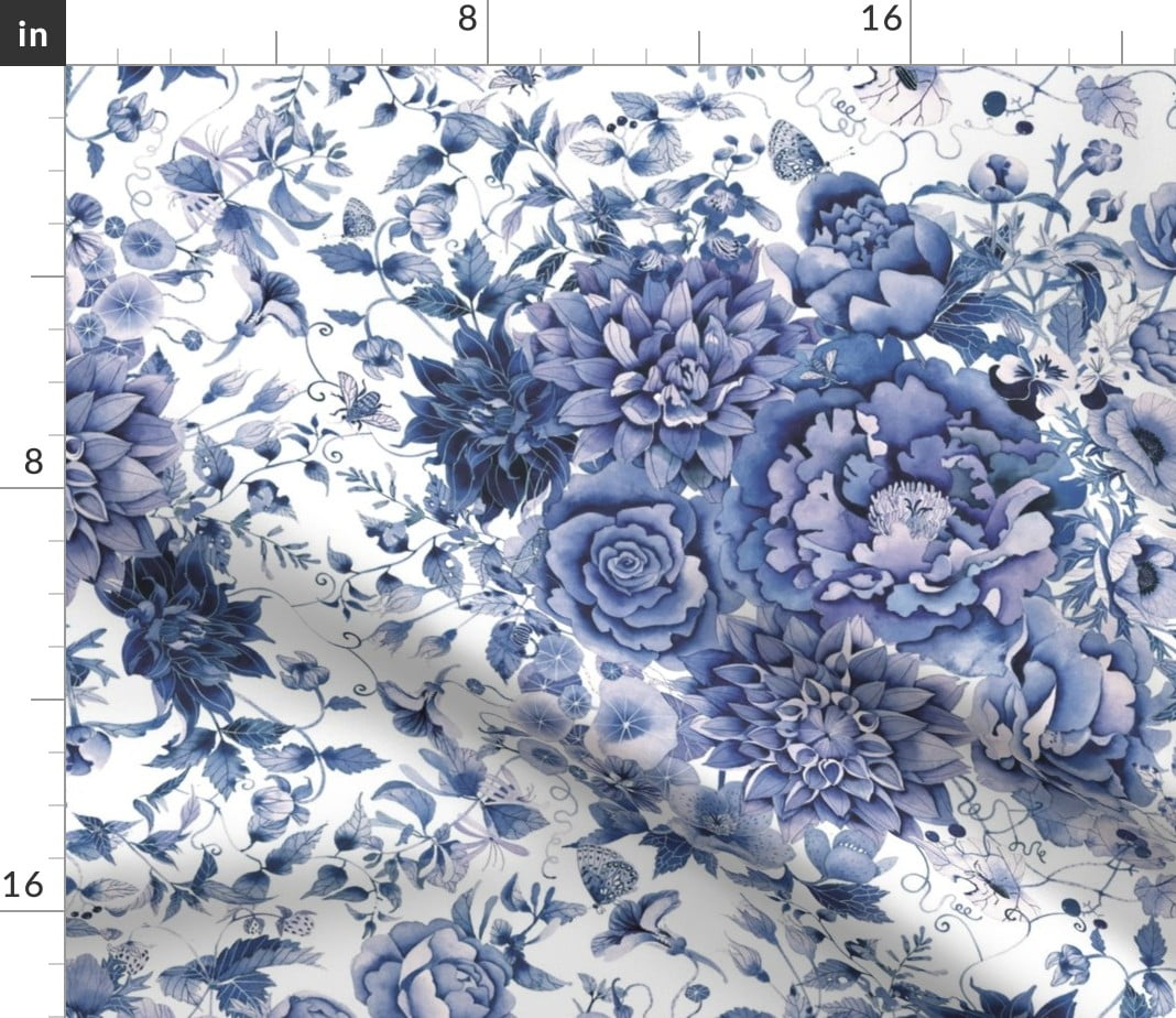 Chinoiserie Chinoiserie Floral Flowers Blue Fabric Printed by Spoonflower BTY 