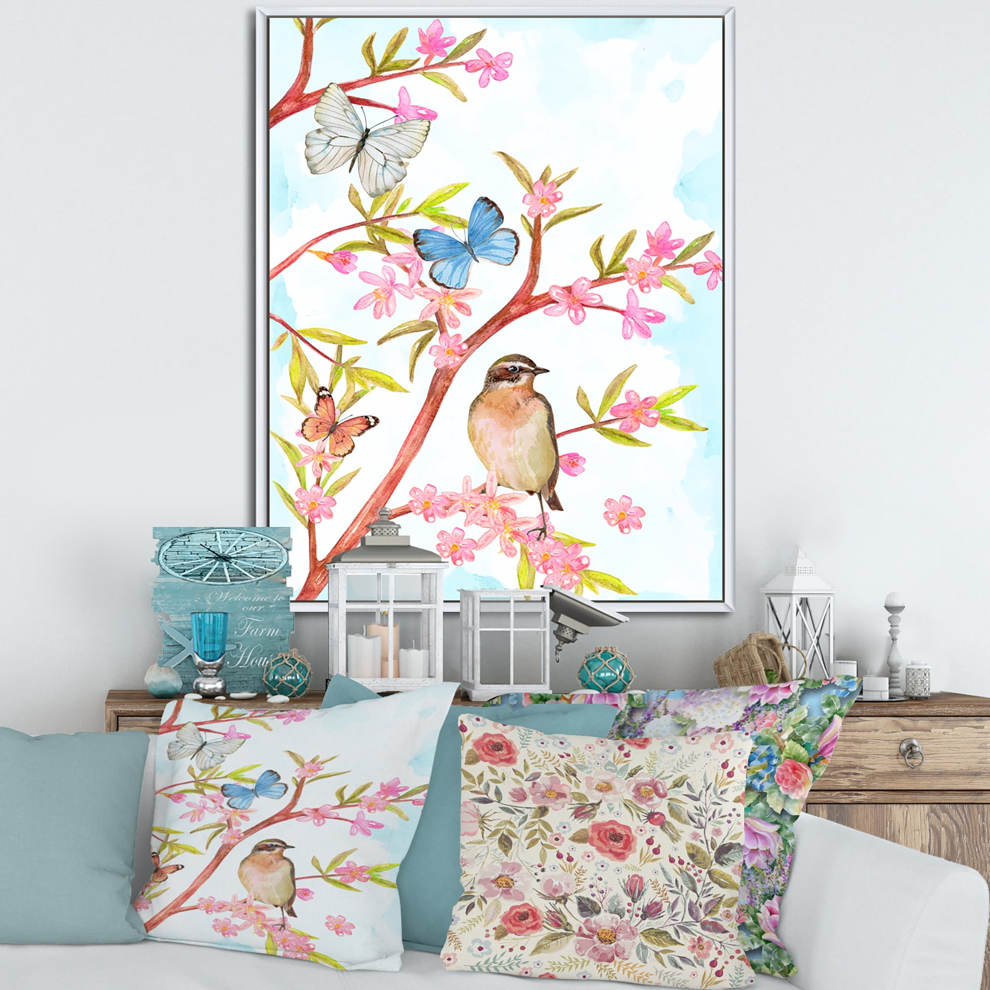 Clever Bird Sitting On Branch of A Spring Tree With Butterflies 24 in x 32 in Framed Painting Canvas Art Print, by Designart