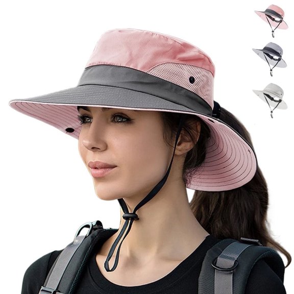ASTRAEA Womens Sun Hat with Ponytail Hole, UV Protection Safari Summer Cap, Foldable Wide Brim Beach Fishing Hat for Outdoor, Pink