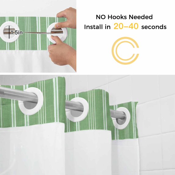 No Hook Shower Curtain and Liner Set, Green Striped Washable Fabric Shower Curtains for Bathroom, Bathtub, Farmhouse Stripes Modern Vintage Waterproof Bathroom Curtains 72W x 78H