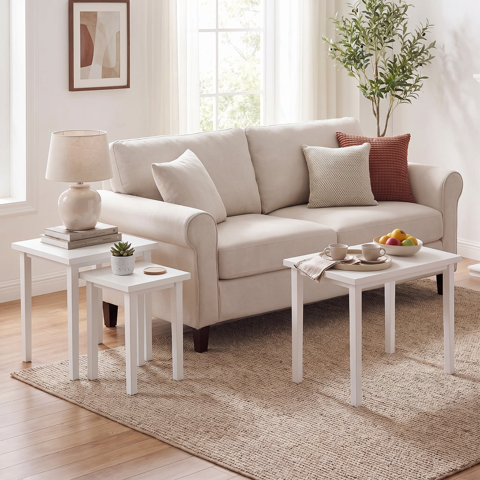 Furnibear 3 Piece Farmhouse Nesting Side Table Set with Rubber Wood Legs and Stackable Rectangle Tops for Living Room and Bedroom, White