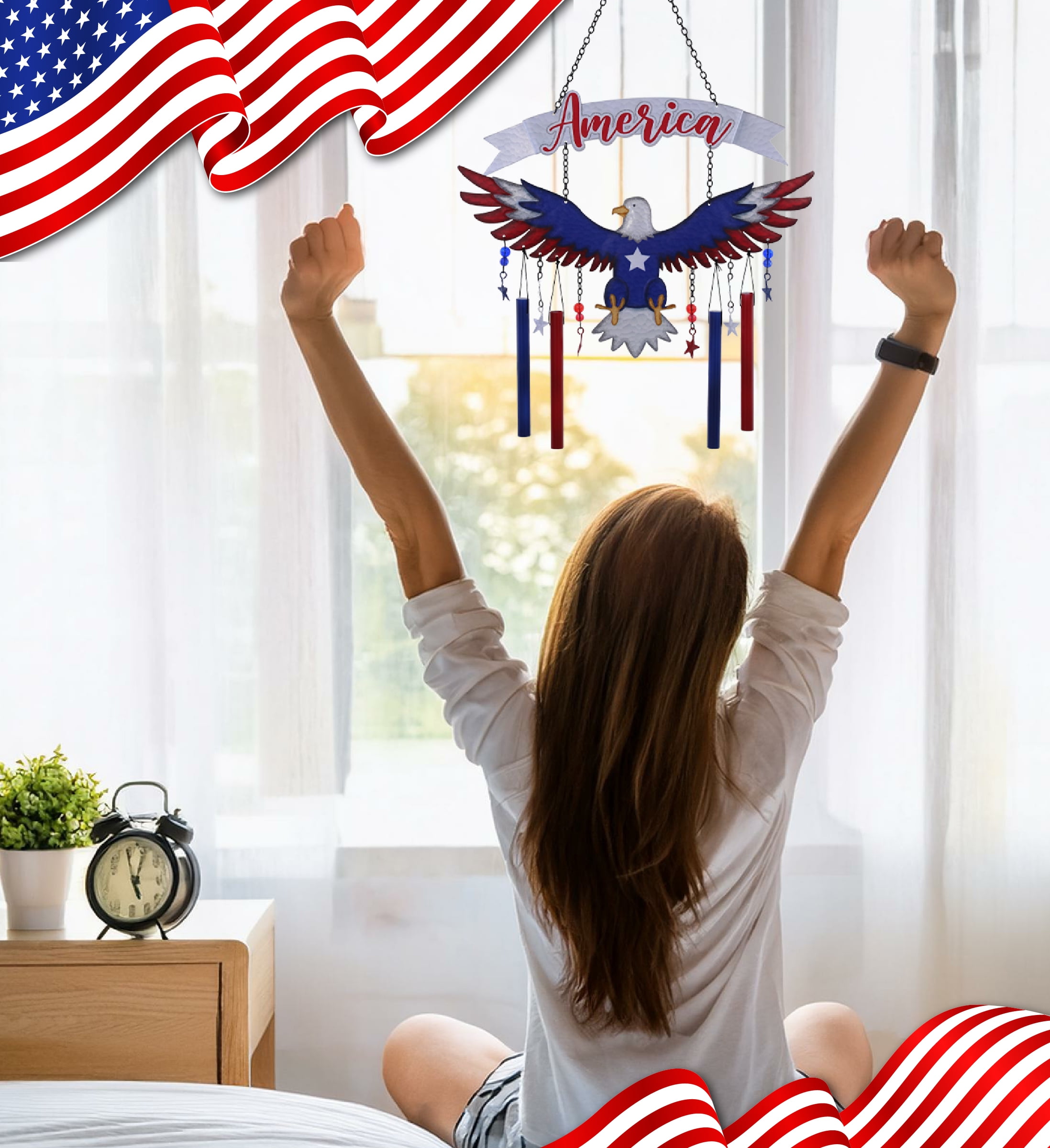 CoTa Global American Eagle Wind Chime - American Eagle Patriotic Indoor or Outdoor Windchime Home Decor with Hanging Bells, Handcrafted Glass and Metal Wind Chimes for Yard, Garden, Porch - 24 Inches