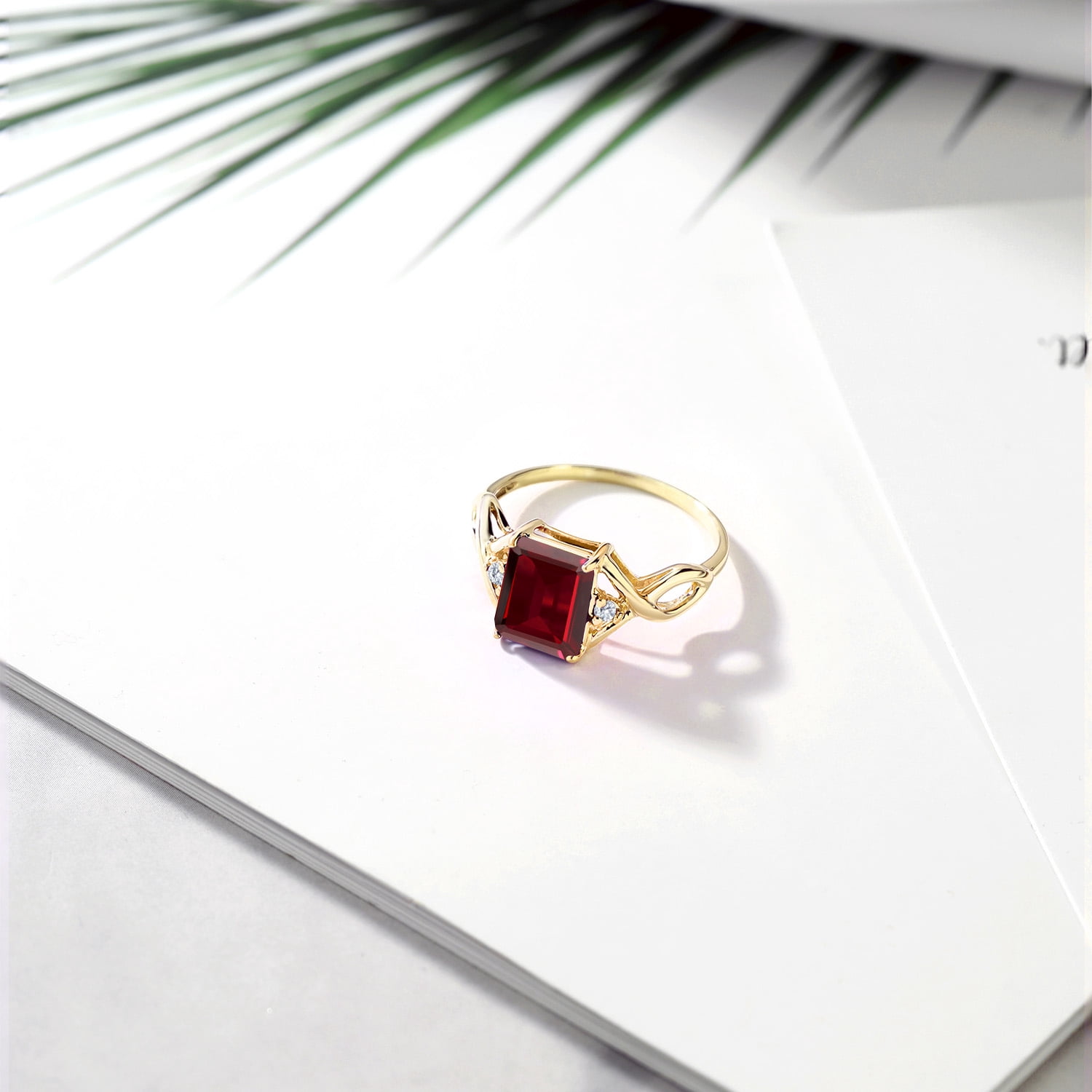 3-Stone Ring for Women | 18K Yellow Gold Plated Silver | 9X7MM Emerald Cut Gemstone Birthstone & Lab Grown Diamond | Wedding Anniversary Engagement Ring | Size 5-9 | Garnet, January | 6
