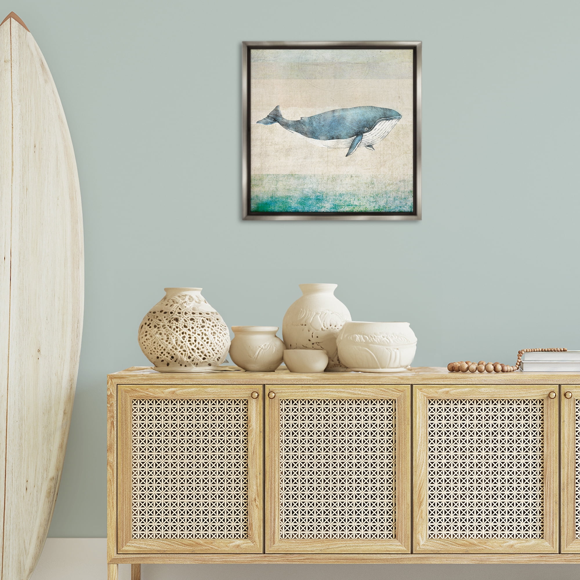 Stupell Industries Rustic Maritime Whale Nautical & Beach Painting Gray Floater Framed Canvas Art Print Wall Art, 25 x 25