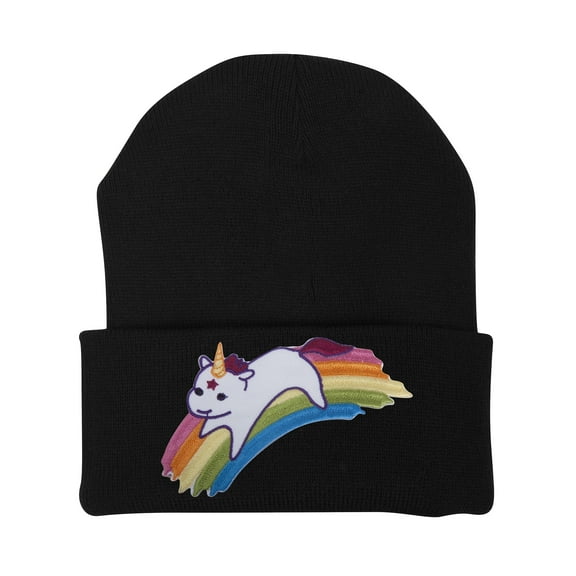Gravity Threads Cute Rainbow Unicorn Patch Cuffed Beanie - Black