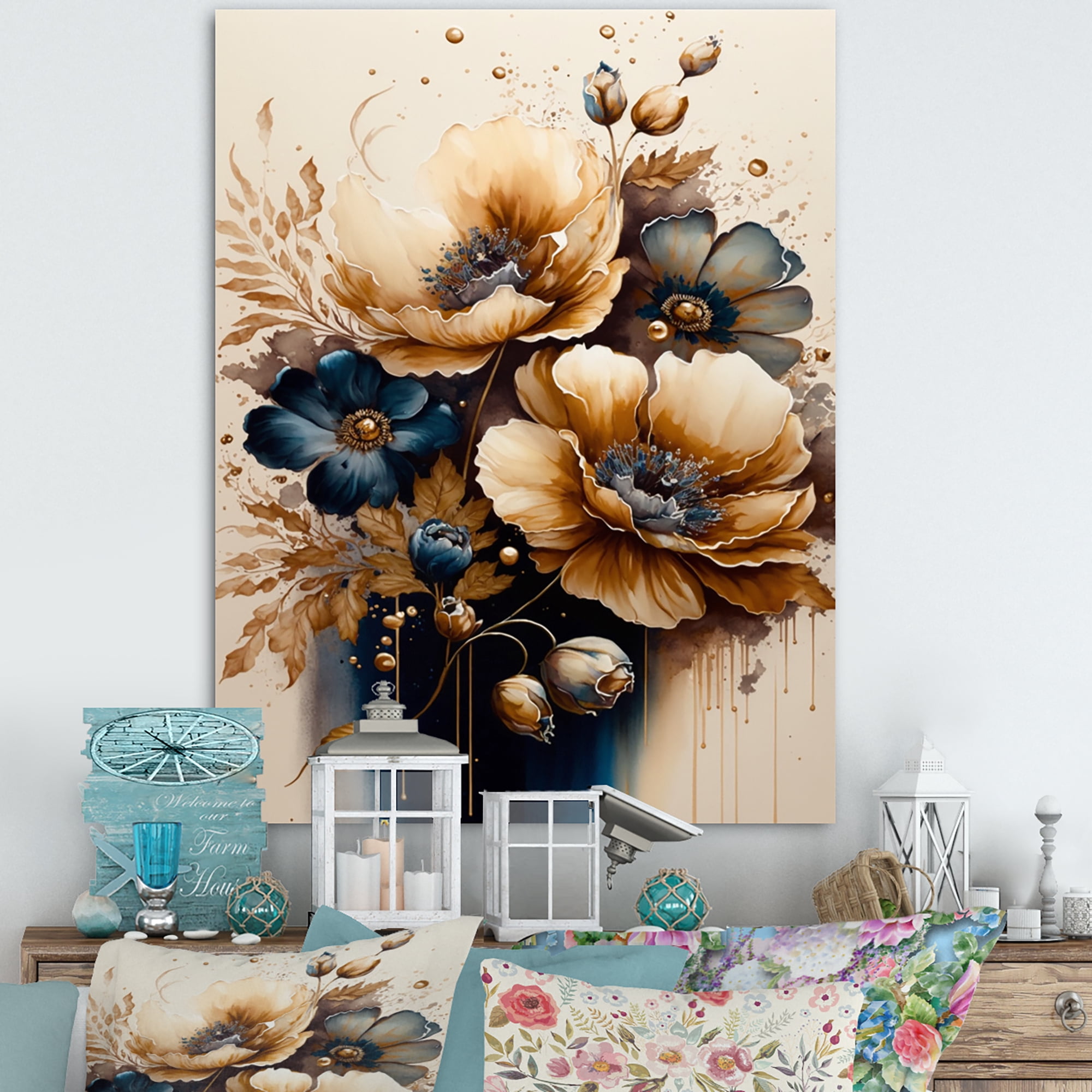 Designart Brown And Gold Poppy Flowers Canvas Wall Art