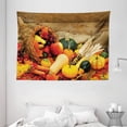 thumbnail image 1 of Harvest Tapestry, Thanksgiving Related Foods Scattered on Wooden Table Vegetables Fruits, Wall Hanging for Bedroom Living Room Dorm Decor, 80W X 60L Inches, Vermilion Brown Green, by Ambesonne, 1 of 2