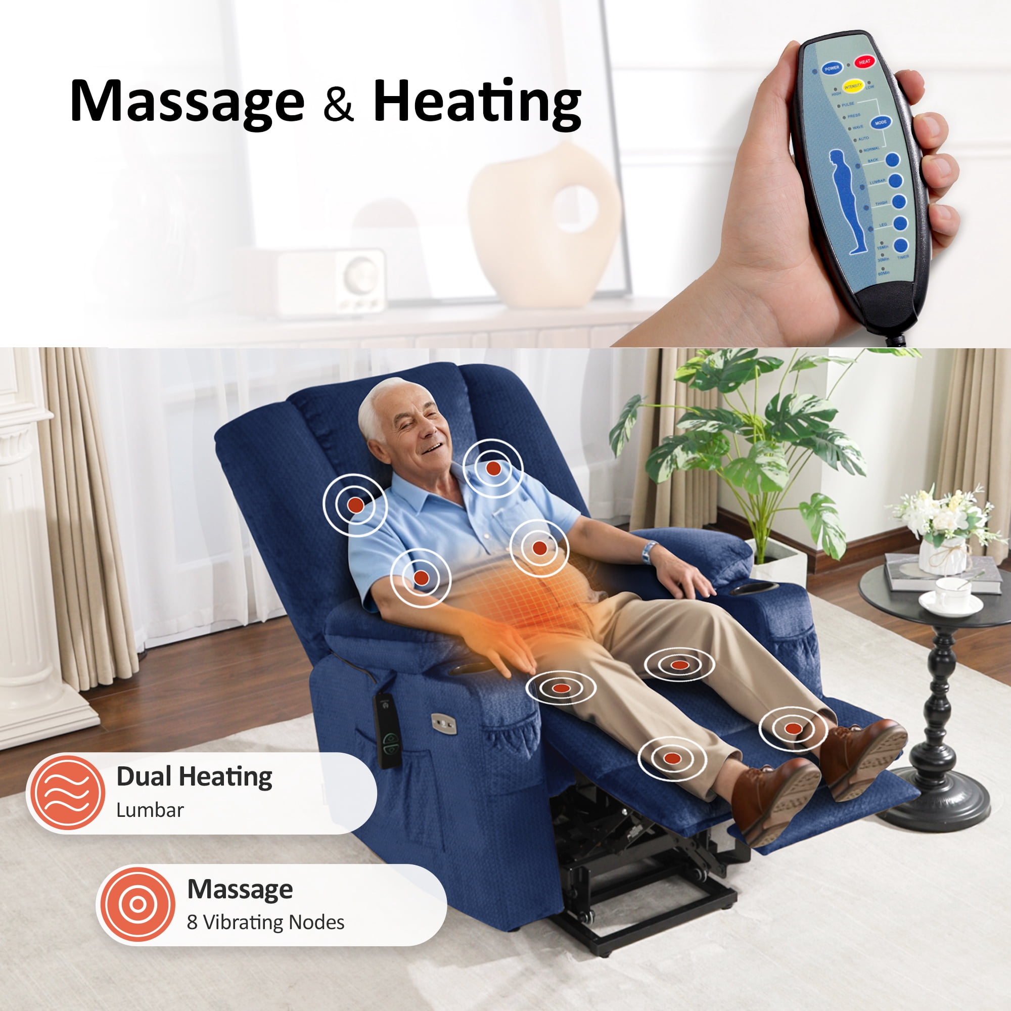MCombo Large Power Lift Recliner Chair Sofa with Massage and Heat for Elderly People, Extended Footrest, Hand Remote Control, USB Ports, Fabric 7549 (Large, Navy Blue)
