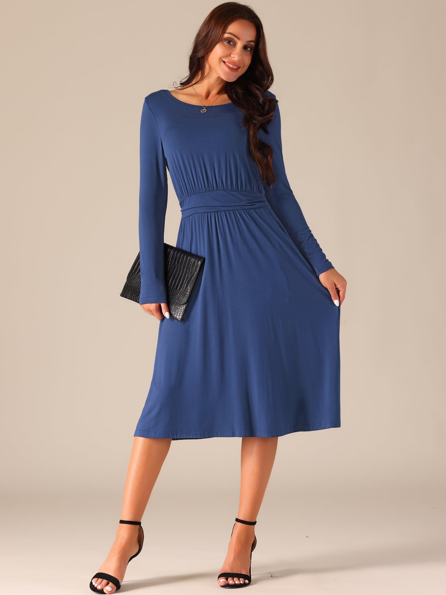 DARING DIVA Crew Neck Long Midi Sleeve Dress with Pockets S Deep Blue