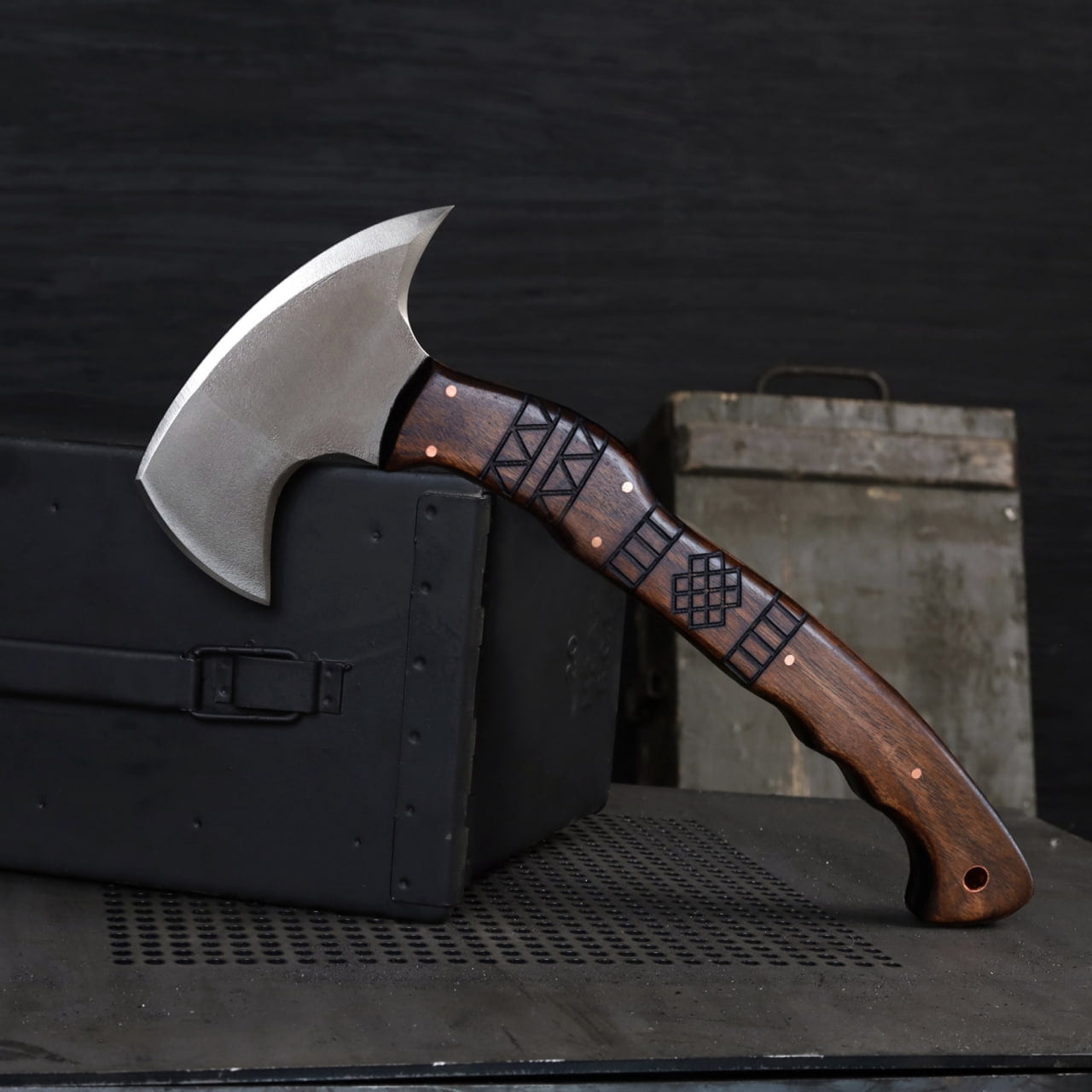 Engraved Camping Axe "Nanook" w/ Leather sheath, Camp Hatchet 13.77"