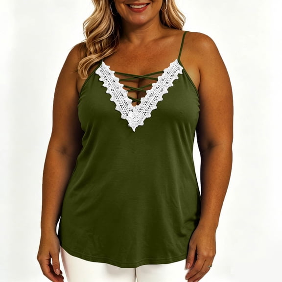 LEKWK Camisole Tops for Women Plus Size Lace Trim Criss Cross V Neck Tank Tops Spaghetti Strap Loose Fit Comfy Summer Shirts Fashion Going Out Y2K Shirts
