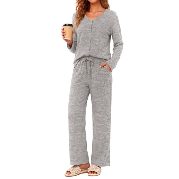 Weekease Two Piece Pajama Sets for Women V Neck Button up Tops Drawstring Pants Casual Lounge Set with Pockets