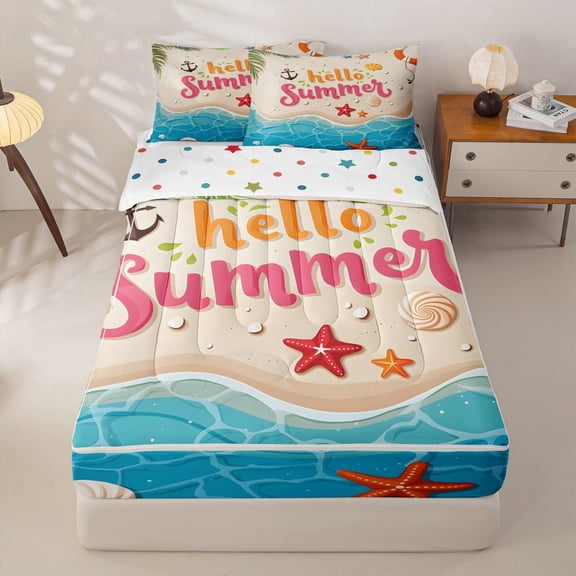 jejeloiu Cute Hello Summer Zipper Twin Comforter Sets with Fitted Sheet and 2 Pillowcases For Girls,Beach Starfish Print Zipper Bedding Set,Blue Beige,Polkadot Reversible,4-Piece