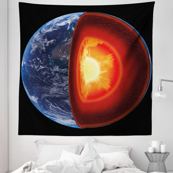 Earth Tapestry, Hot Burning Earth Core Structure with Geological Vibrant 3D Style Image, Fabric Wall Hanging Decor for Bedroom Living Room Dorm, 5 Sizes, Orange Black Blue, by Ambesonne