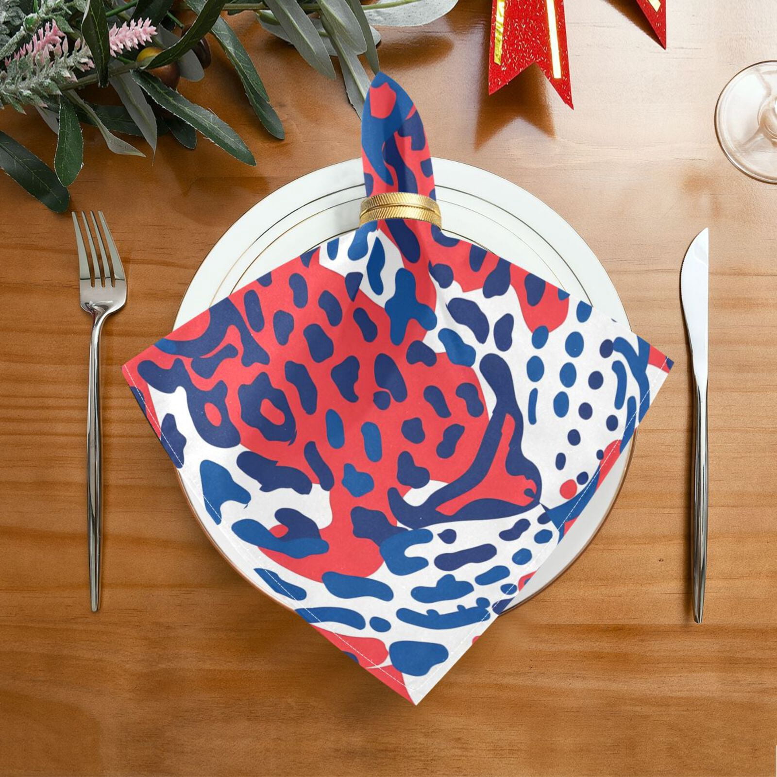 JSTEL Red & Blue Leopard Cheetah Print Cloth Napkins Set of 6, 20x20 Inch Washable and Reusable Napkin for Decoupage Dinner Party Everyday Use