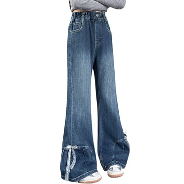 Girls' Slim Fit Bow Jeans Flared Pants Medium To Large Children's Wide Leg Pants