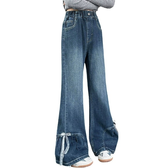 Girls' Slim Fit Bow Jeans Flared Pants Medium To Large Children's Wide Leg Pants