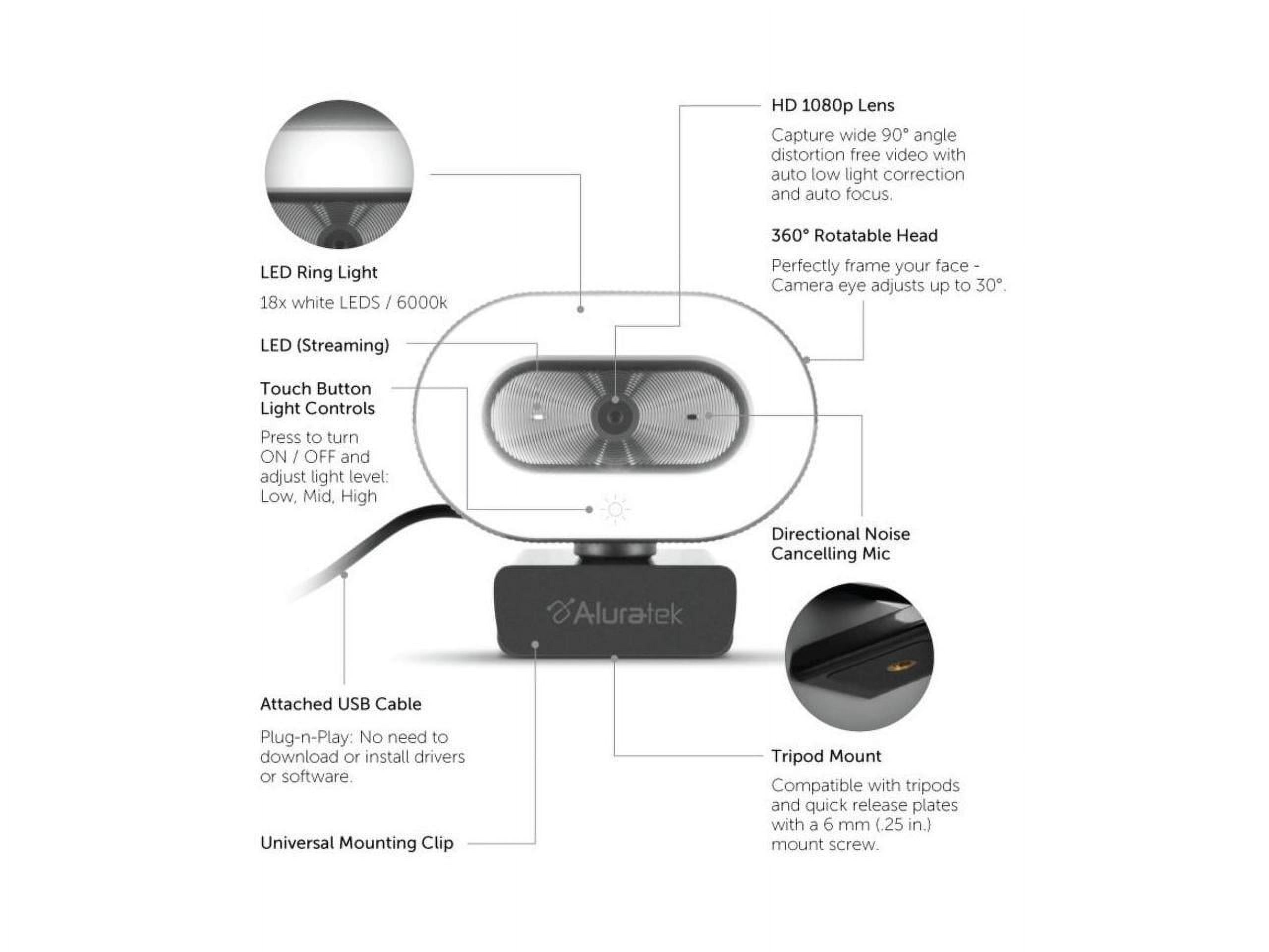 Aluratek 1080P USB Webcam w/Adjustable Lighting, Autofocus & Dual Mics