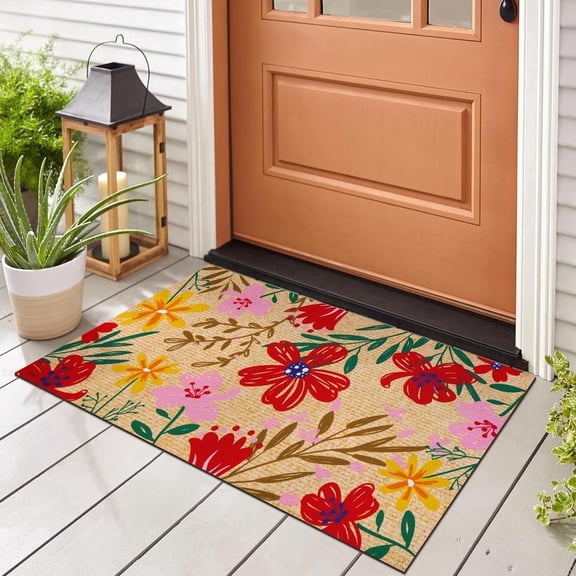 RLESO Spring Floral Door Mat 18x30 Inch Outdoor Welcome Mat Non-Slip Rubber Backing Absorbent Entryway Rug Low Profile Front Porch Patio Doorway Floor Mats