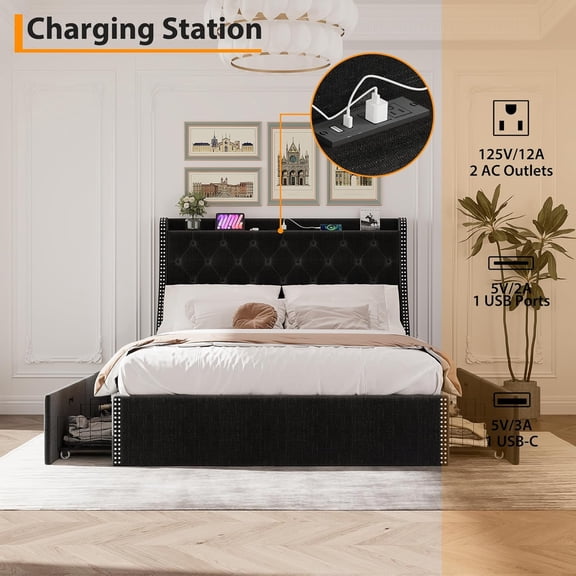 Historyli Full Size Bed Frame with Wingback Headboard, 4-Drawer Upholstered Platform Bed with Charging Station, Black