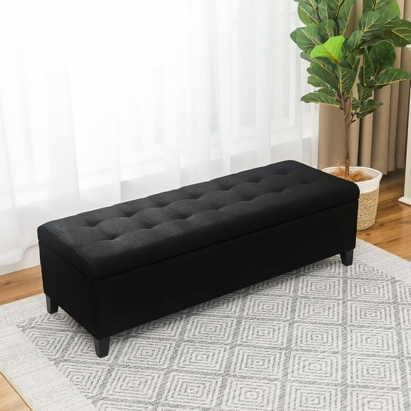 Ottoman with Storage, 51 Inch End of Bed Storage Ottoman Bench, Linen Fabric Upholstered Ottomans with Hinged Lid, Rectangle Long Foot Rest Bench for Entryway Living Room Bedroom Black