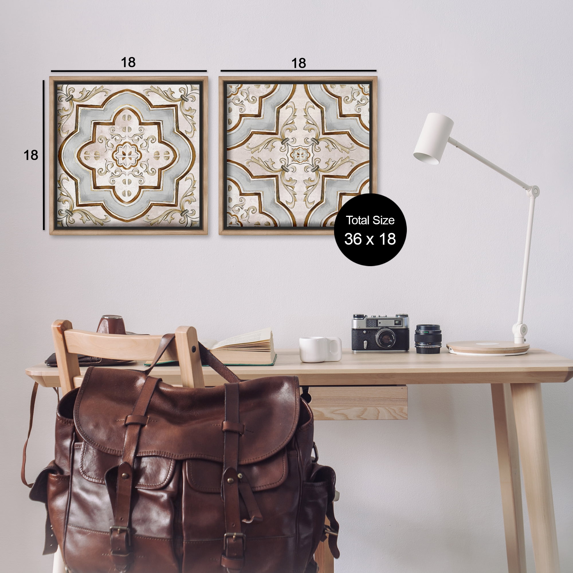 Stupell Industries Moroccan Tile in Neutrals Abstract Painting Brown Floater Framed Canvas Art Print Wall Art, 18 x 18, Set of 2