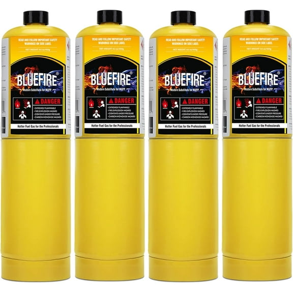 BLUEFIRE Modern MAPP Gas Cylinder, 14.1 oz, 99.9% High Purity Propylene Equal To MAP-PRO, Hotter than Small Propane Tank, for Propane Torch Soldering Torch Welding Brazing (4 Pack)