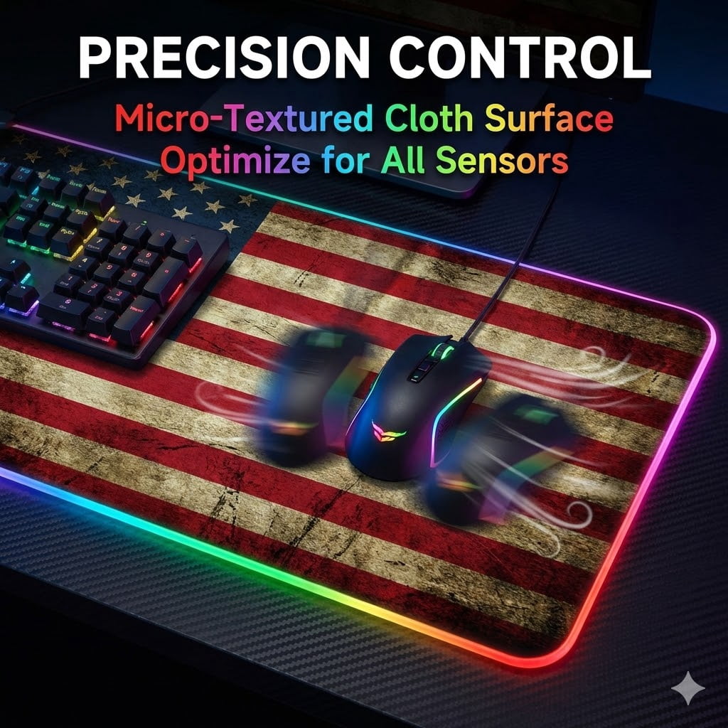 memzuoix LED Mouse pad 31.5×11.8 Inch, Large RGB Glow Gaming Mouse Pad for Computer, 12 Cool Lighting Modes, Anti-Slip Base, Waterproof, Stain Resistant, Desk Mouse pad for Wireless mouse, Flag Shape