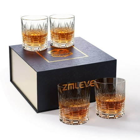 Zmleve Whiskey Glasses Set of Gift Box , 11oz Lead-Free Crystal Glass Old Fashioned Tumbler, Heavy Base Scotch Bourbon Rum Brandy Glasses, Elegant Etched Design,-4 Pack