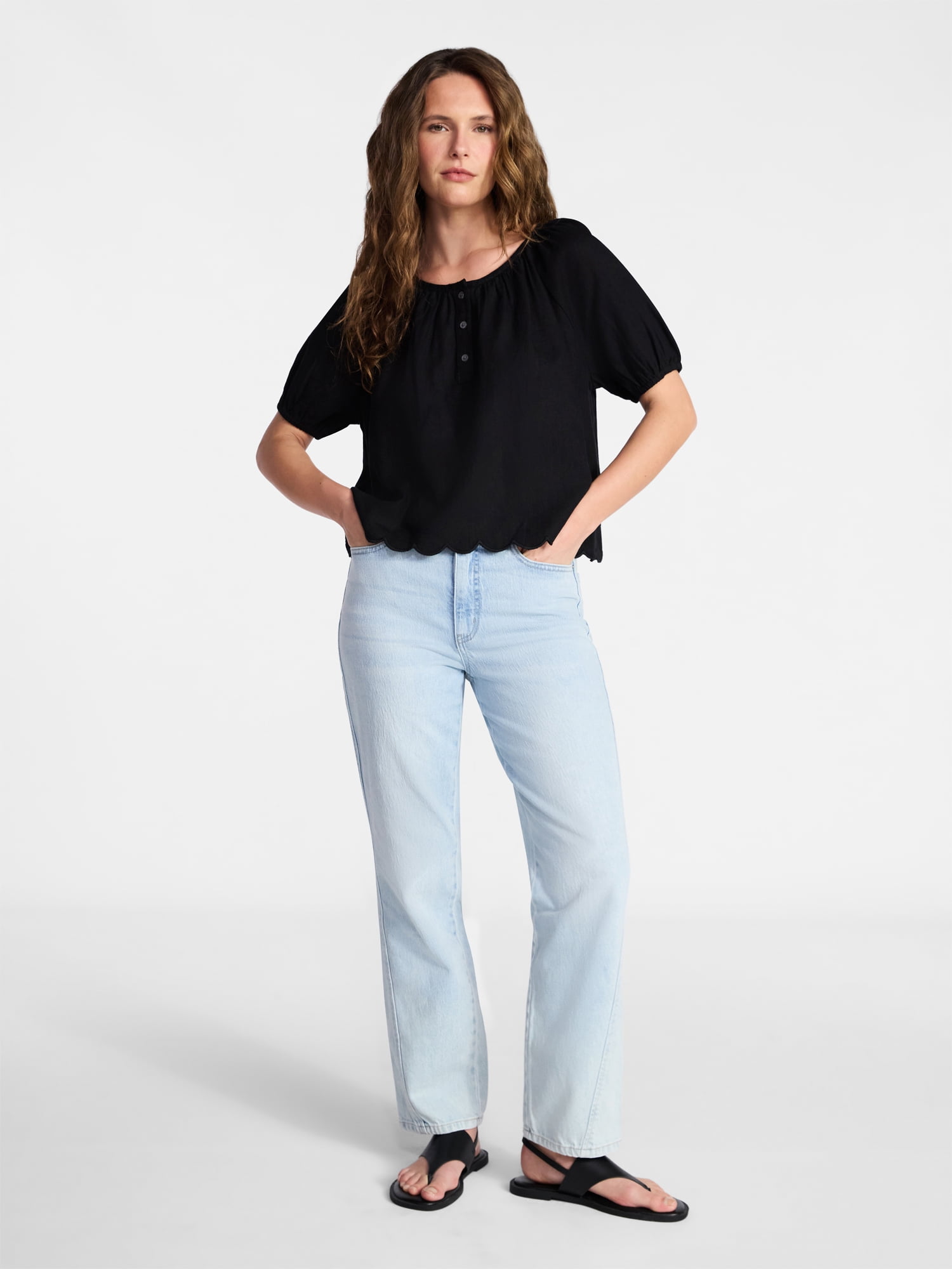 Time and Tru Women's Linen Blend Blouse with Scalloped Hem, Sizes XS-XXXL