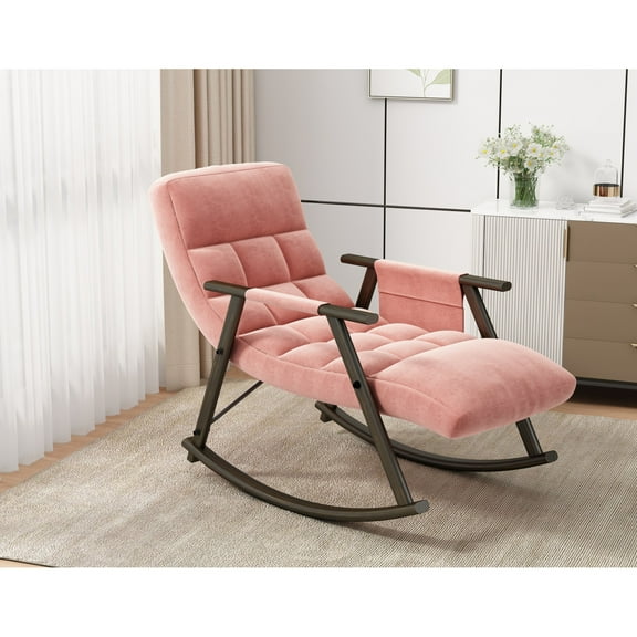 Casual Folding Rocking Chair Lounge Chair with Adjustable Back and Footrest, Pink Plush Velvet