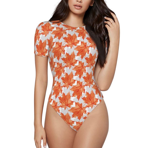 Fotbe Maple Leaves A Body de Mujer con Cuello Redondo y Mangas Cortas, Sin Mangas Ajustado, Suave, Cómodo y Básico-Small