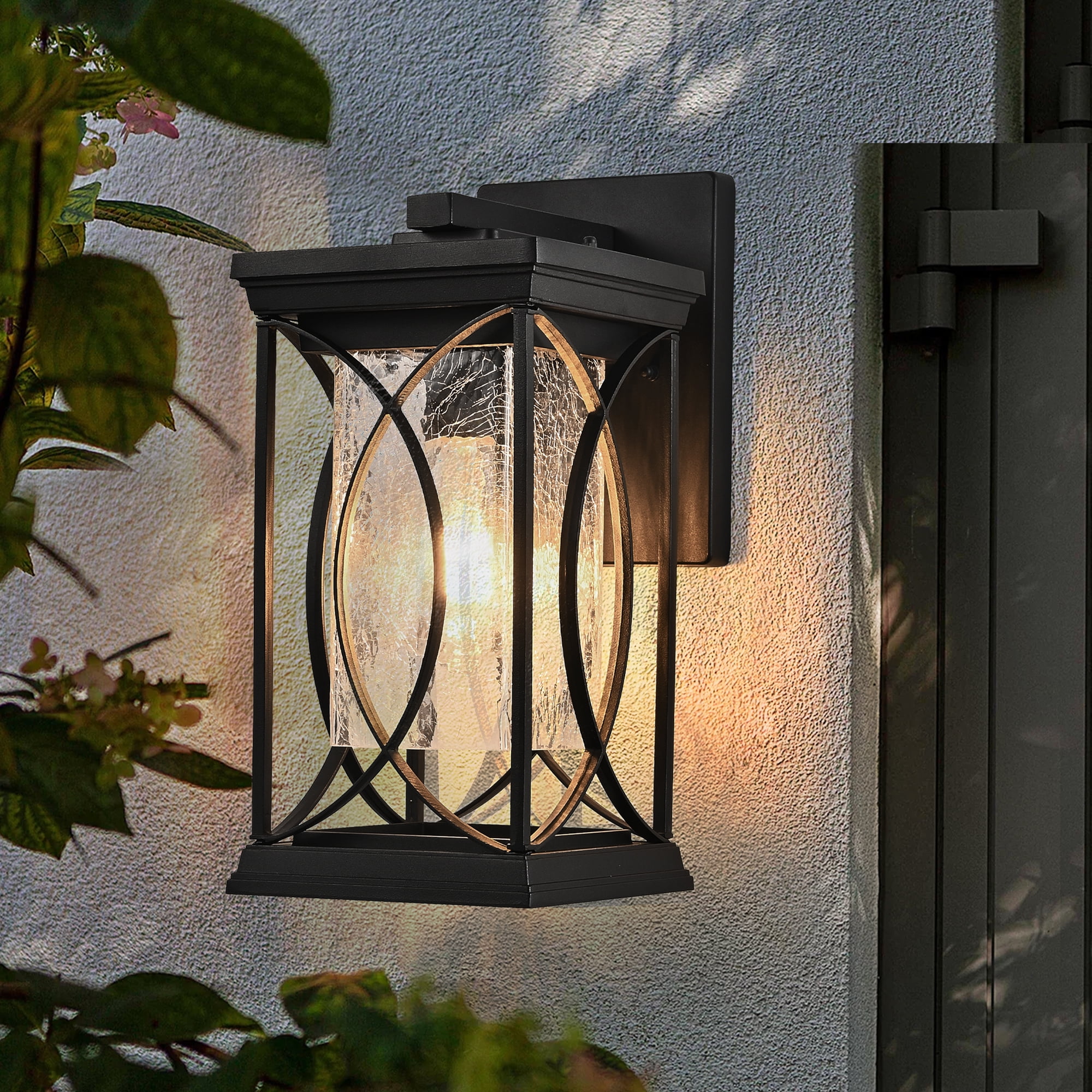 Black Outdoor Wall Lantern 14 Inch H with Crackled Glass Weather-Resistant Exterior Light for Porch, Black