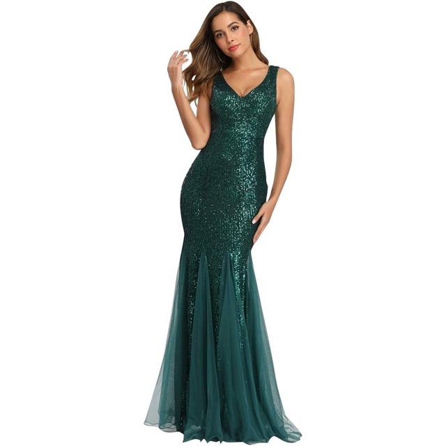 Sleeveless Double V-Neck Long Mermaid Sequin Formal Evening Dresses