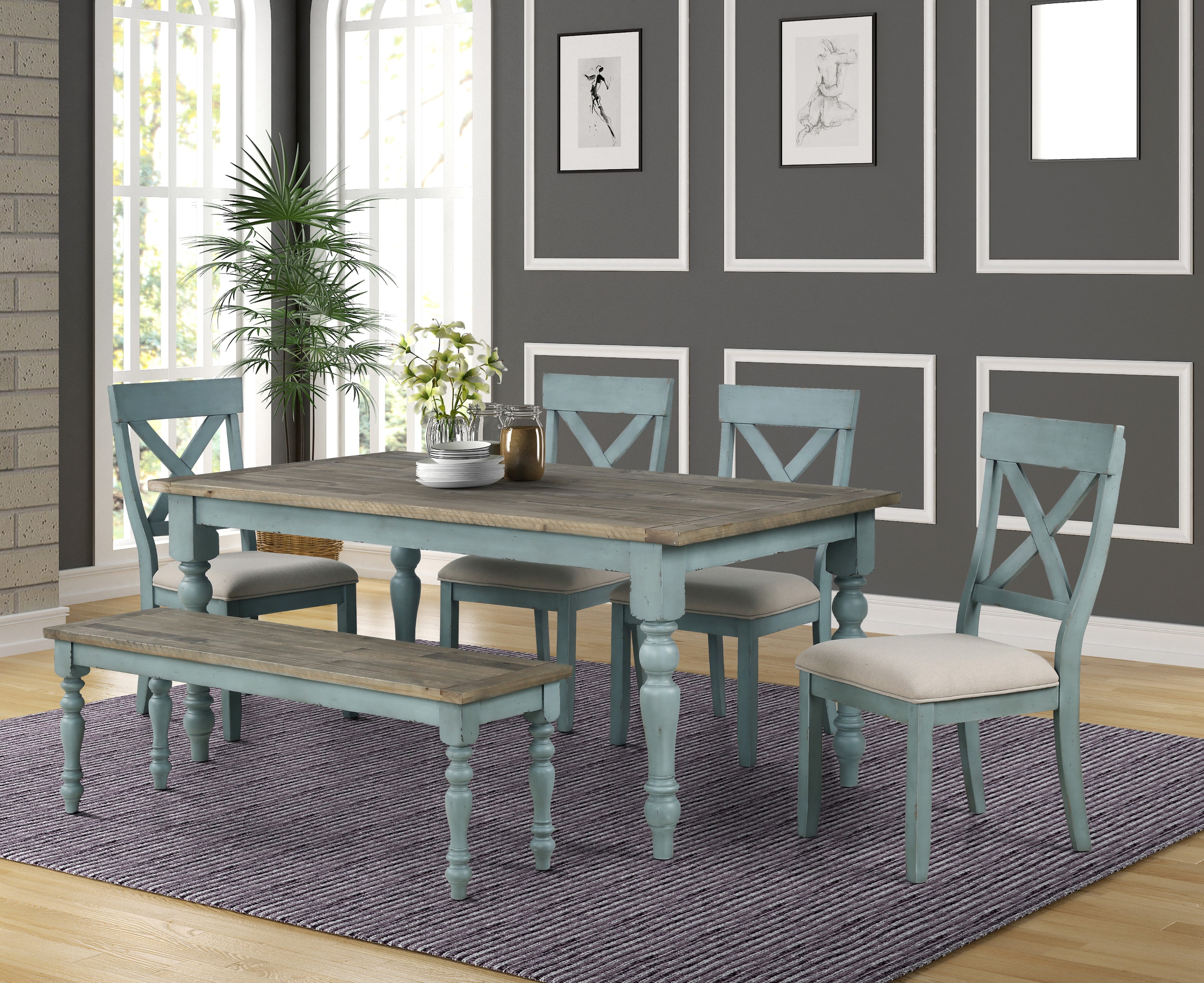 Prato 6 Piece Dining Table Set With Cross Back Chairs And Dining Bench Walmartcom Walmartcom