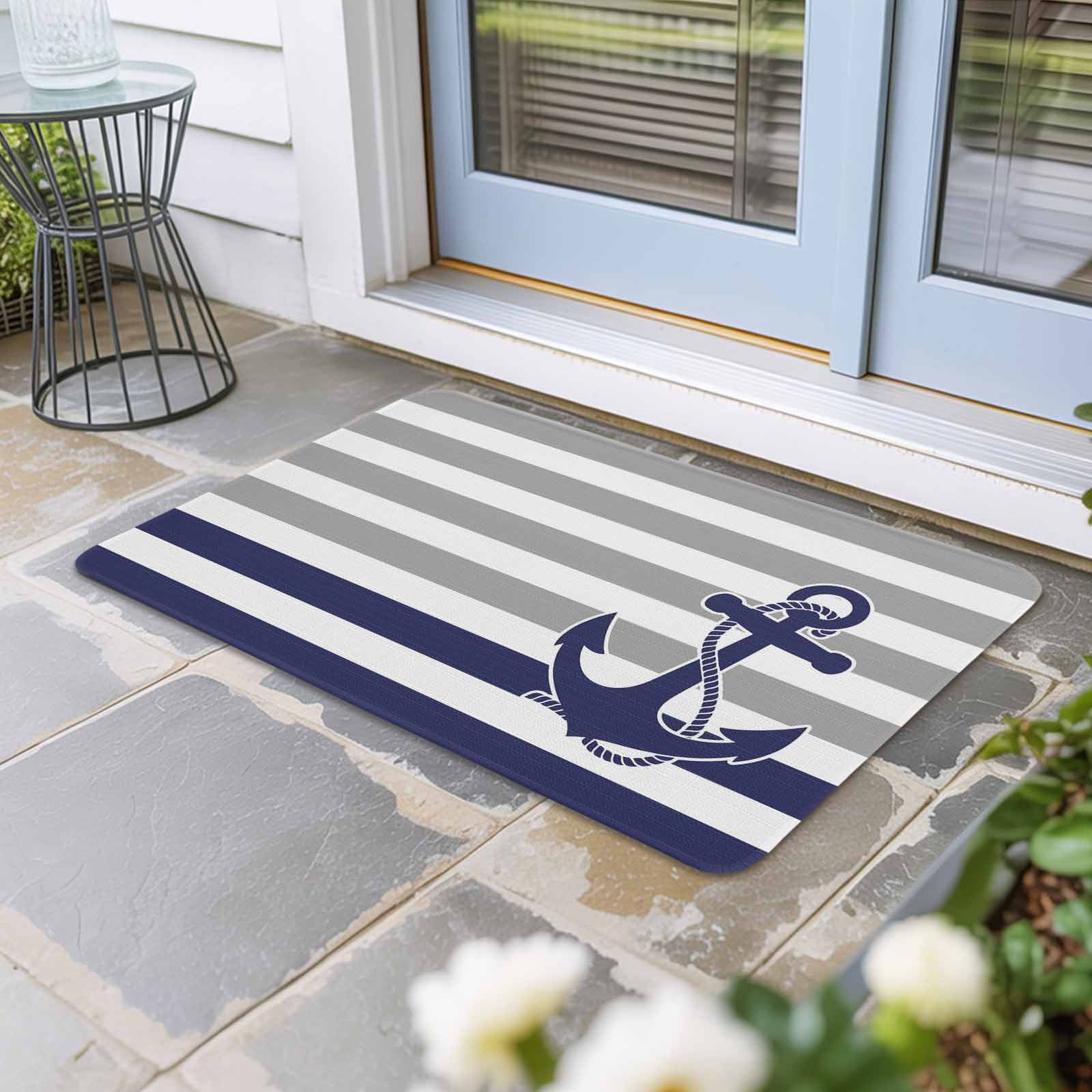 Anchor Gray Doormat Outdoor Entrance 24"x36", Modern Navy Blue White Striped Nautical Absorb Moisture Dirt Door Mats, Non-Slip Rubber Backing Floor Mats Indoor, Low-Profile Front Door Rugs