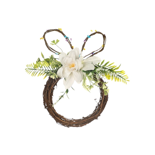 Artificial Easter Rabbits Wreath White Flowers Green Leaves Grapevine Home Front Door Decoration Plastic