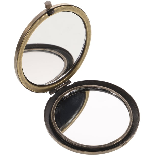 ColoMX Espejo de maquillaje de maquillaje portátil de metal de madera espejo redondo retro espejo plegable para mujeres